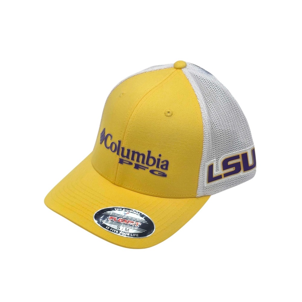 Columbia PFG LSU Tigers Mesh Ball Cap Hat Flexfit Size S/M Yellow White NWT